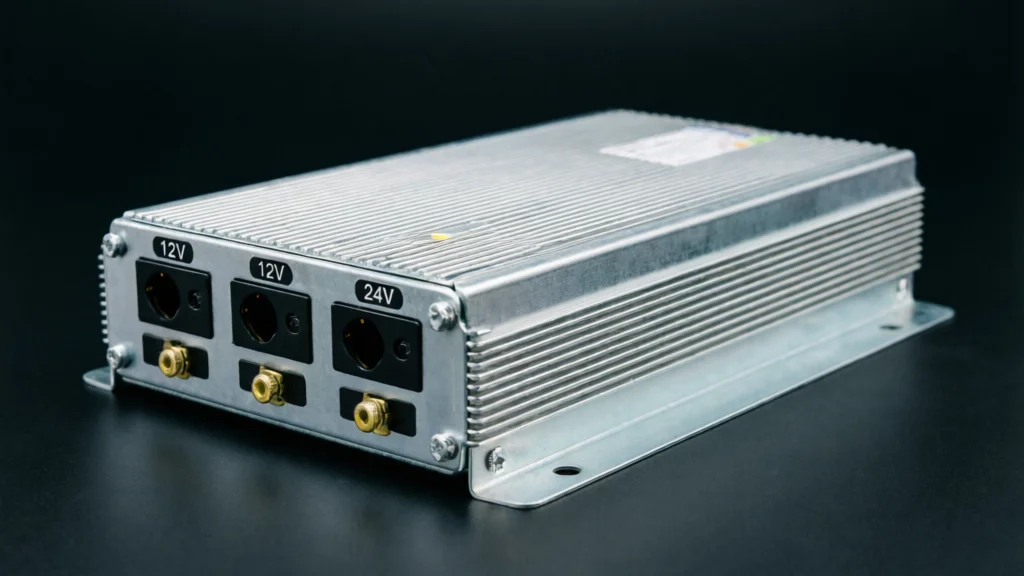 Professional CCTV power supply unit showing 12V and 24V outputs